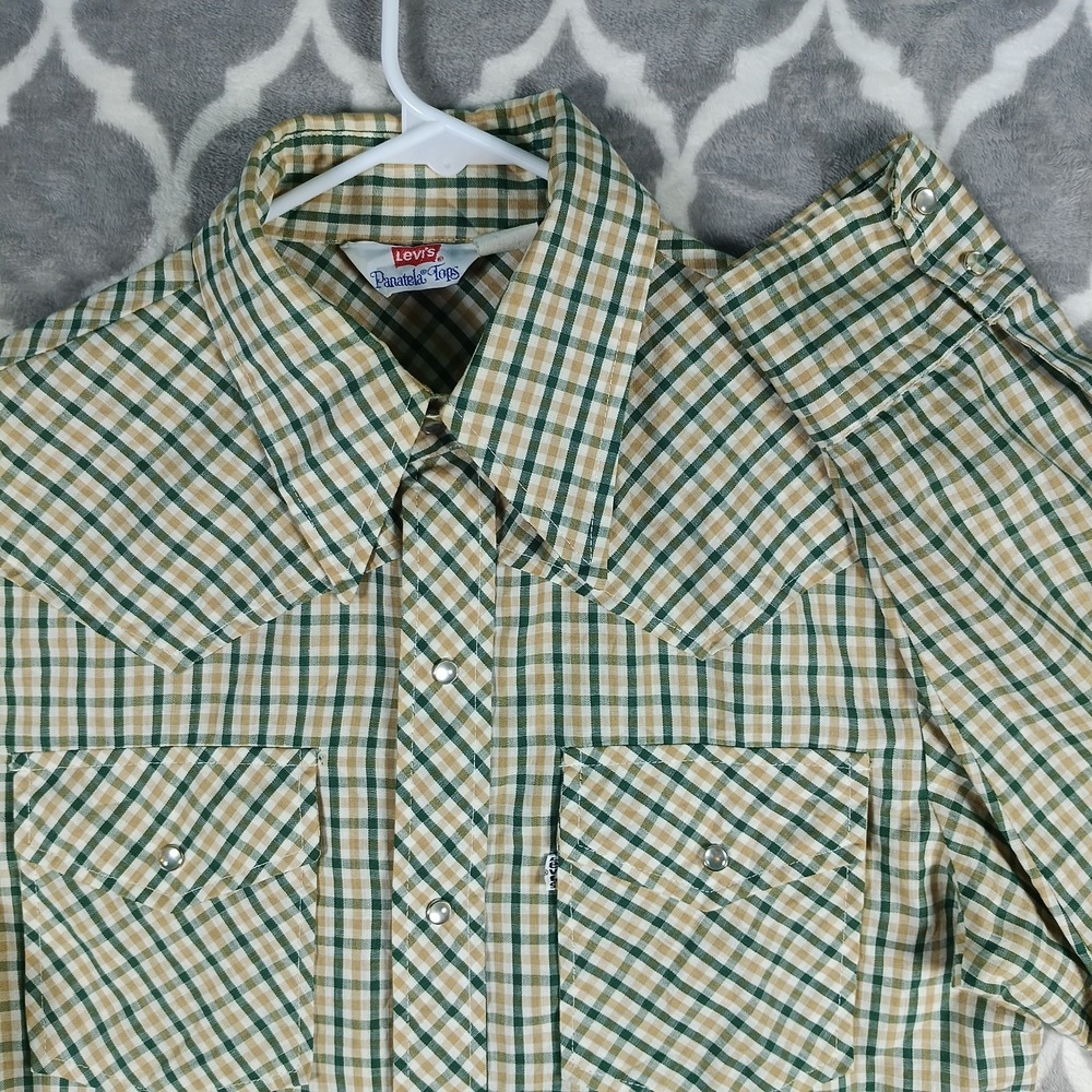 VTG LEvis Panatela Western Shirt‎ Men M Green Brown Big E Snap UP Dagger Collar